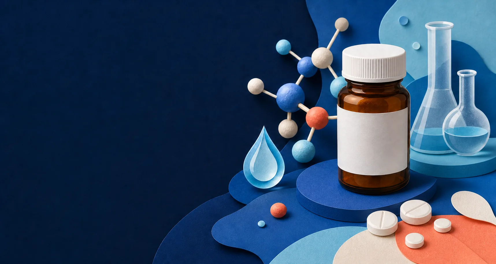 Healthcare chemistry illustration with a medication bottle, tablets, molecular model, water droplet, and laboratory glassware