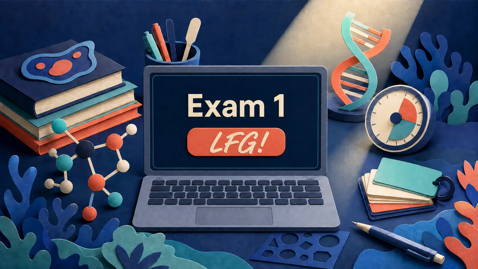 Chemistry study desk with a laptop displaying Exam 1 and a Start button