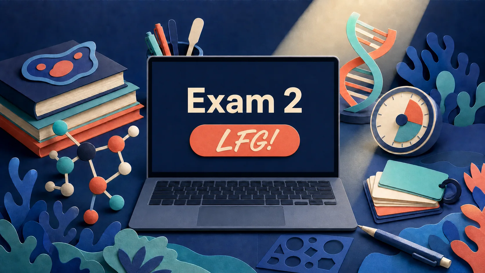 Chemistry study desk with a laptop displaying Exam 2 and a Start button