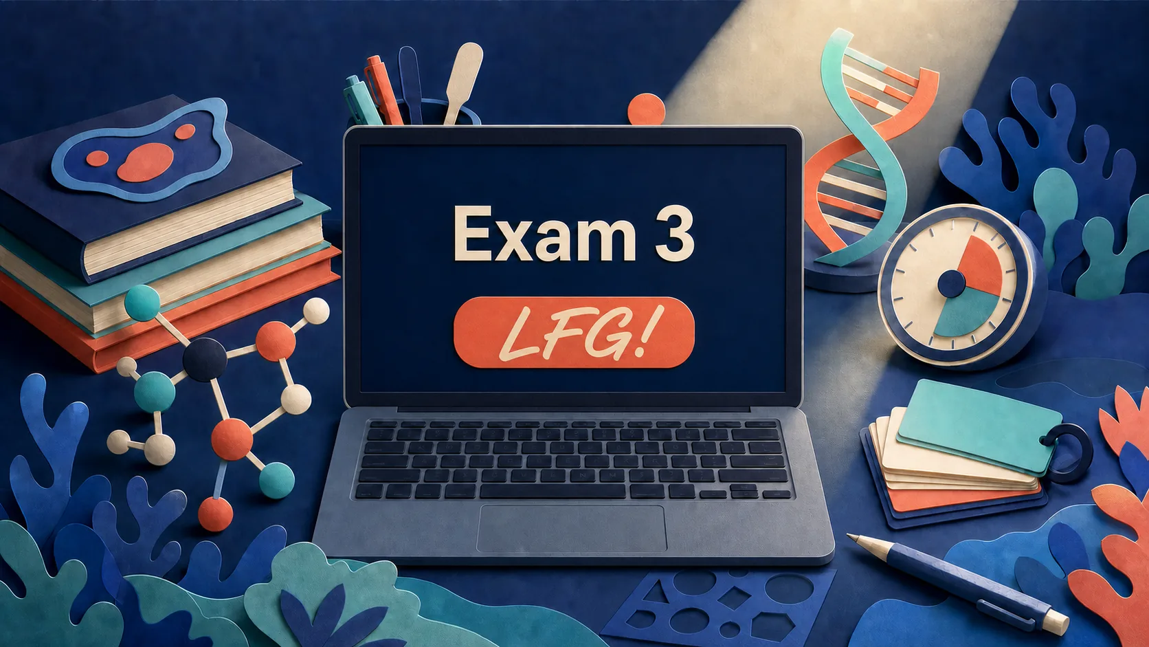 Chemistry study desk with a laptop displaying Exam 3 and a Start button