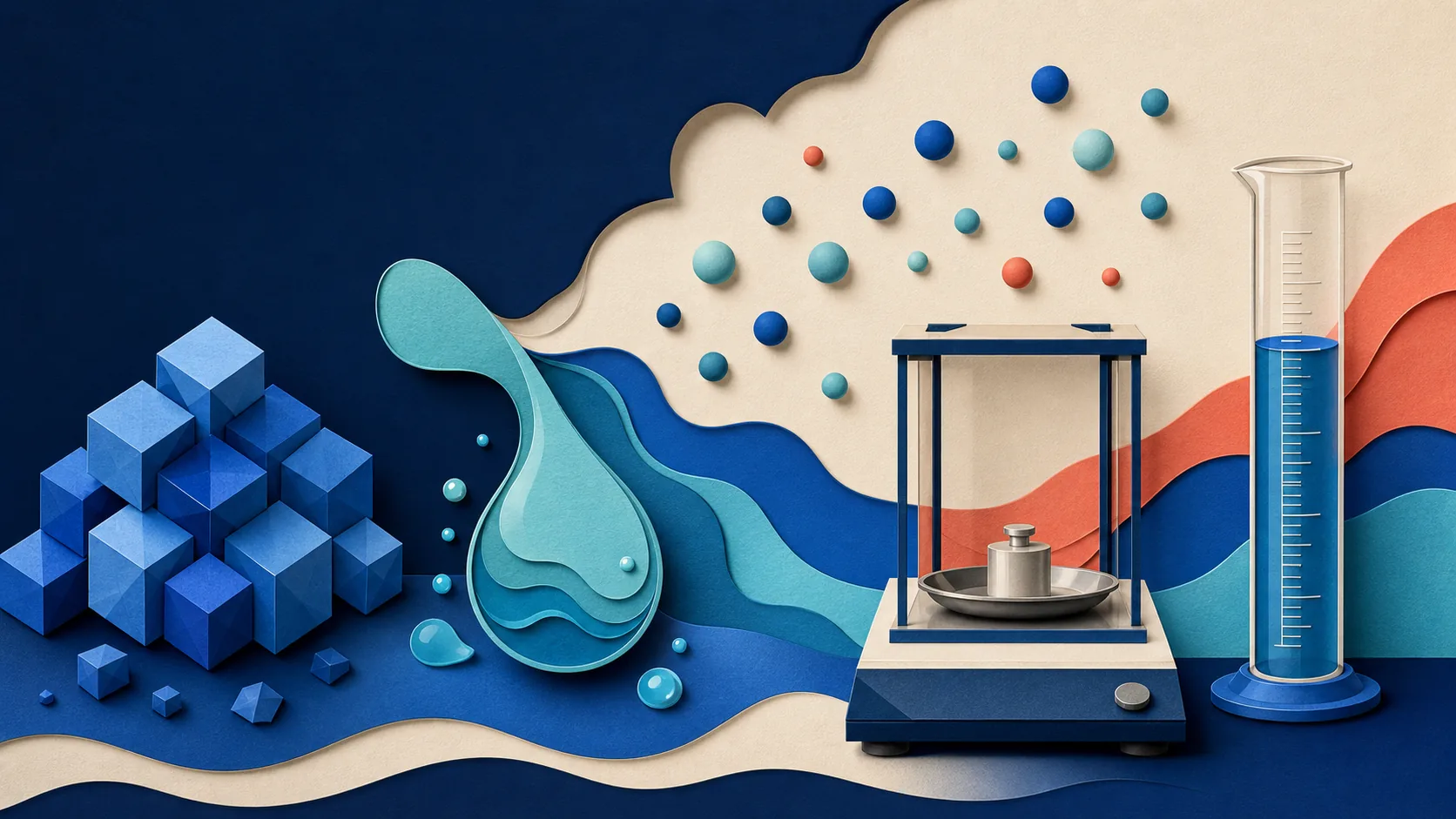 Illustration of solids, liquids, gases, and laboratory measurement tools