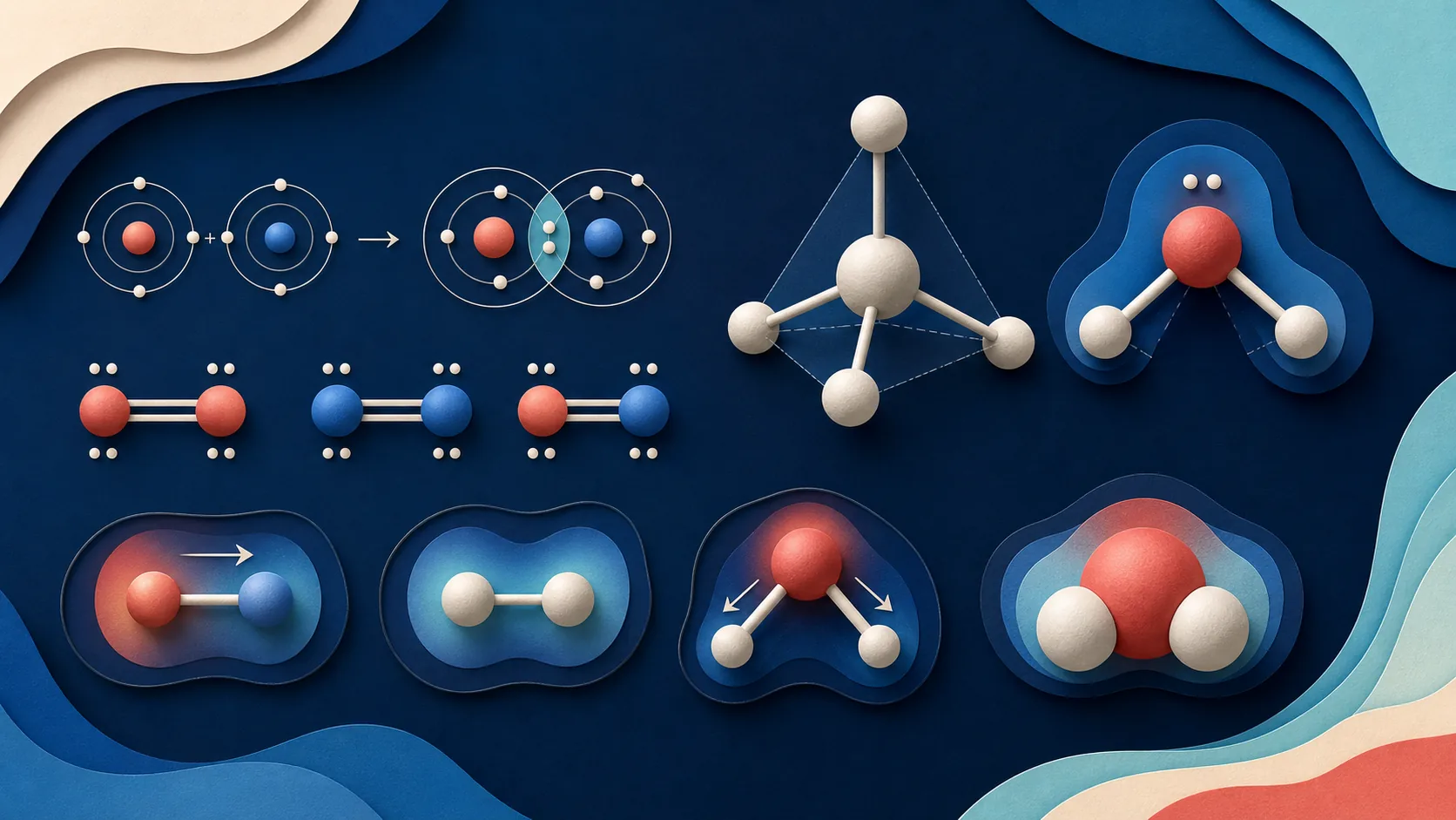 Illustration of covalent bonds, electron pairs, and molecular geometry