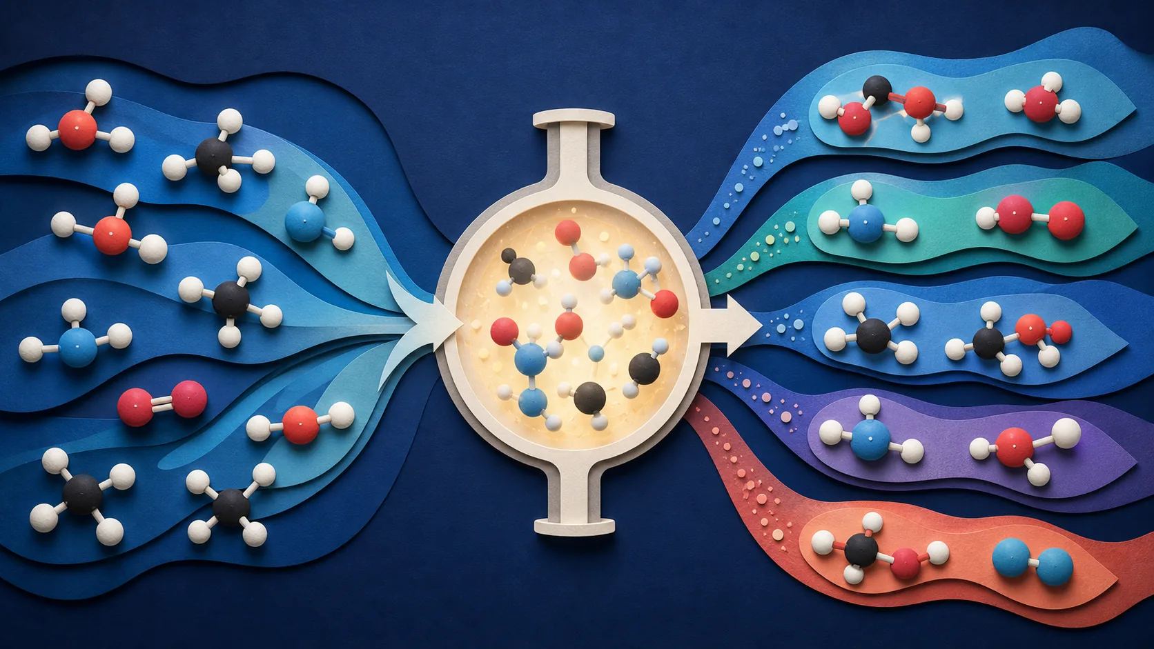Illustration of reactant molecules rearranging into products