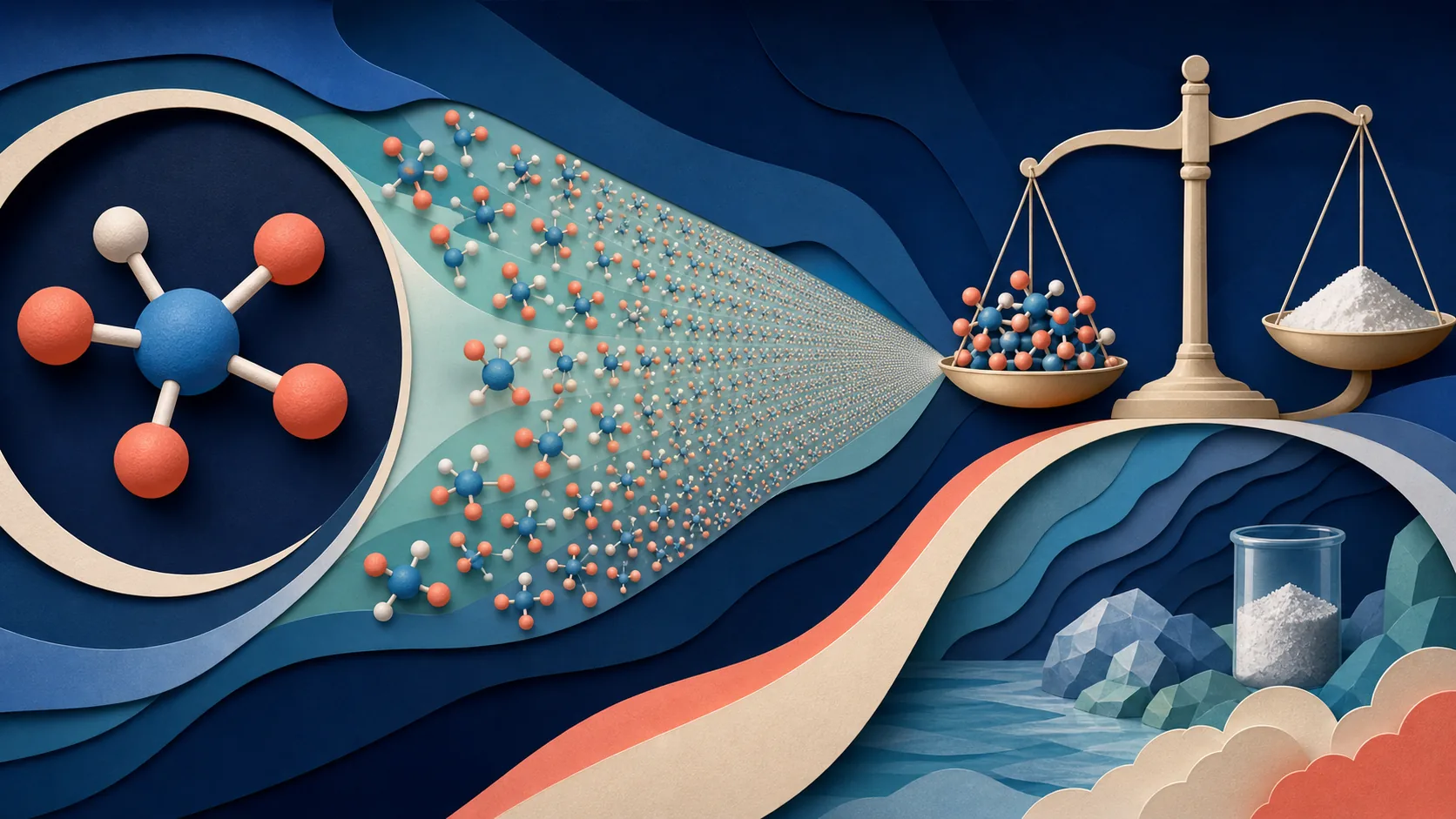 Illustration connecting molecular particles, the mole, and measured mass