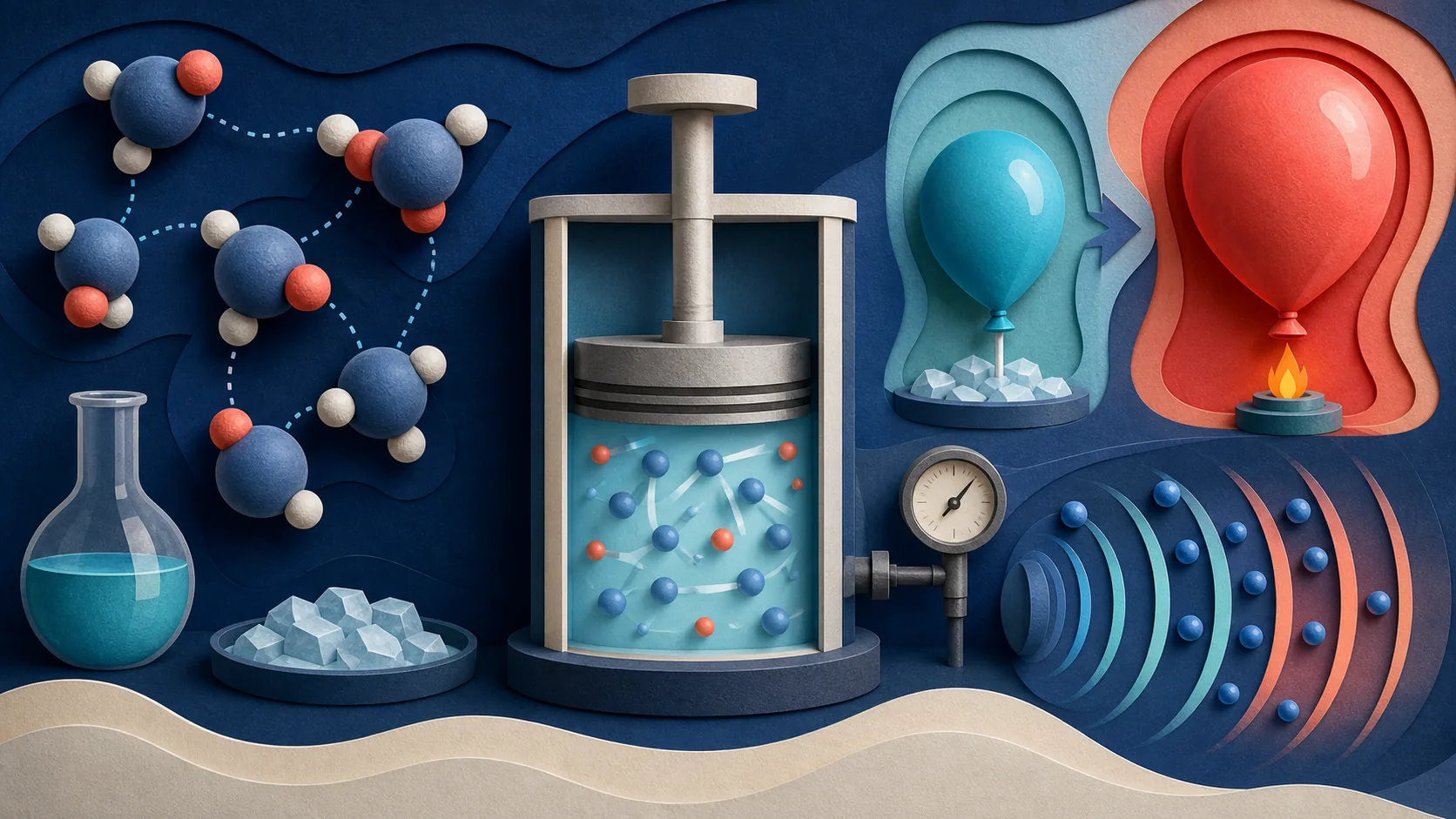 Illustration of intermolecular forces, pressure, temperature, and gas volume