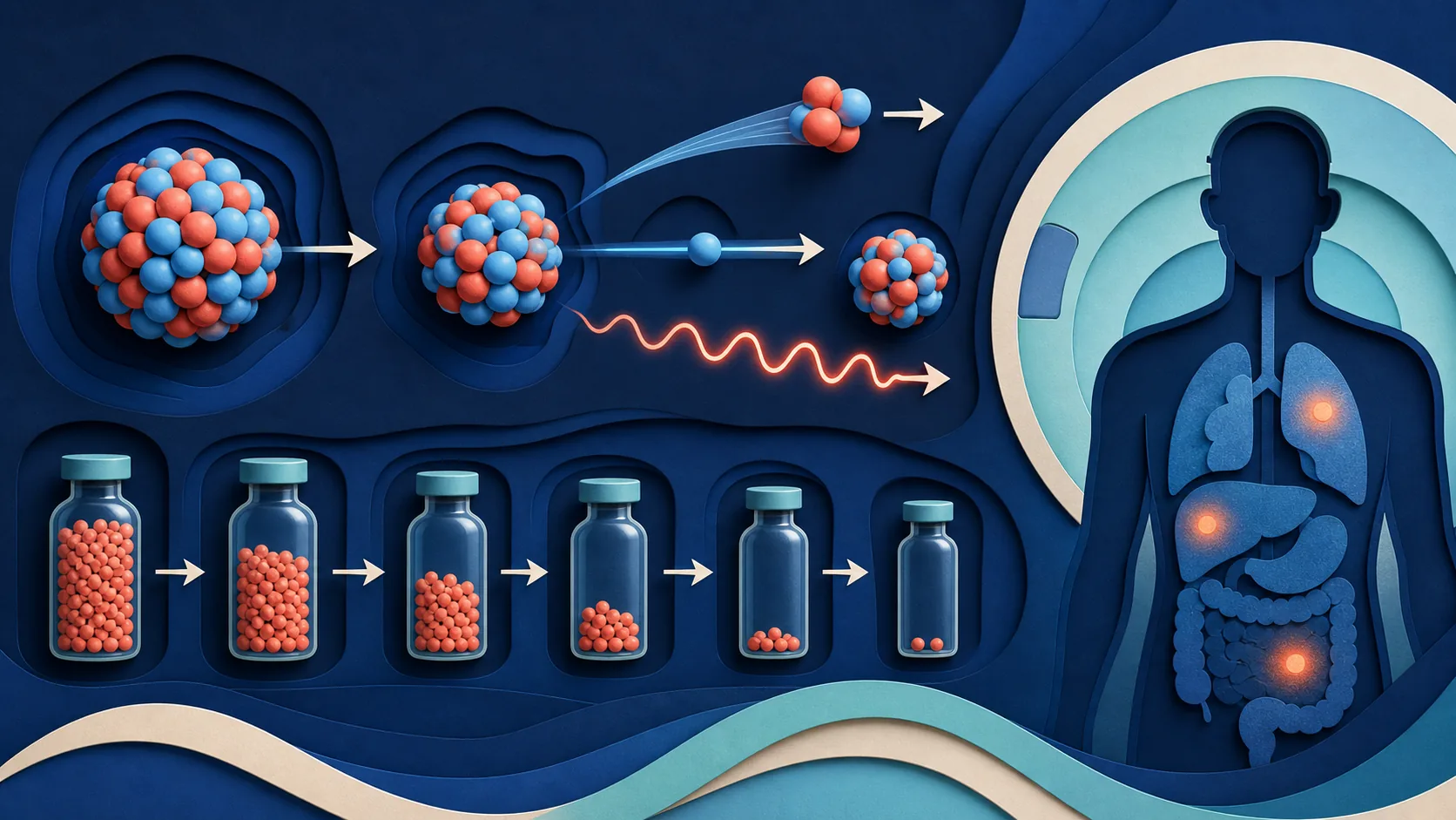 Illustration of radioactive decay, half-life, and nuclear medicine