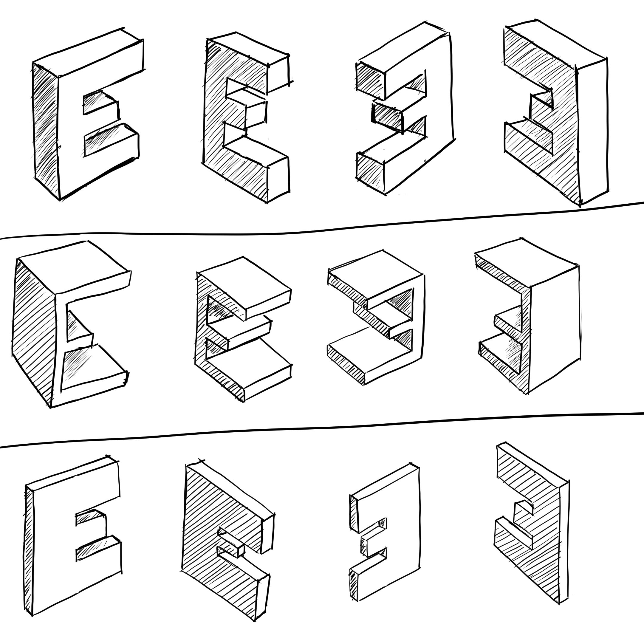 Letter E varying in Direction and Thickness