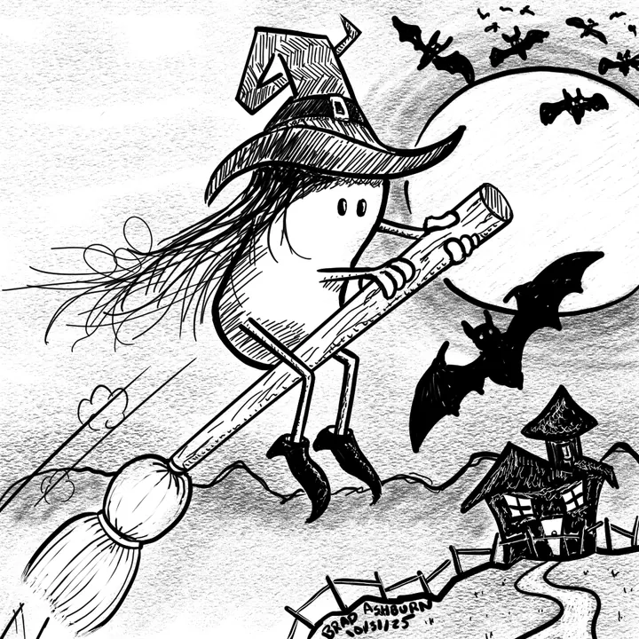 Flying Bean Witch over Haunted House