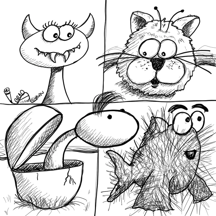 Dragon, Cat, Dino, and Fish